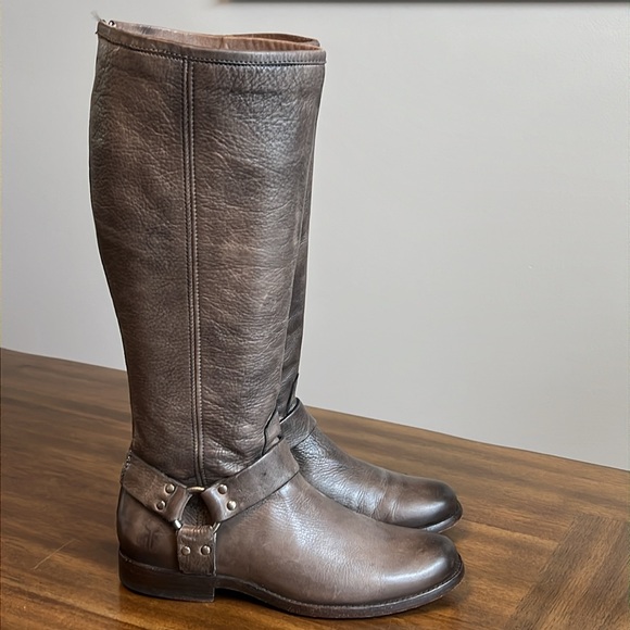 Frye Phillip Harness Tall Leather Riding Boots Gray 3476849 Womens Size 8.5 B - Picture 2 of 16